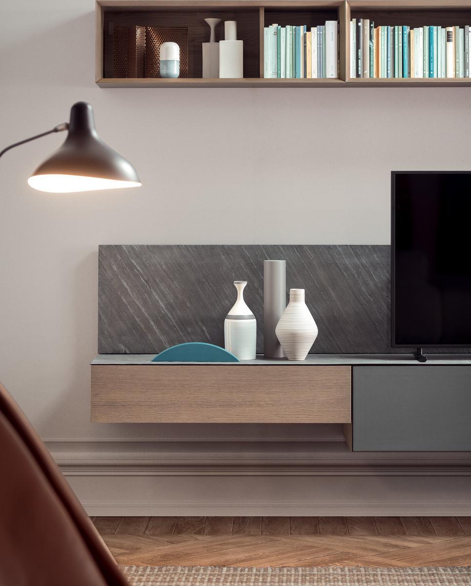 Sectional stone and wood storage wall | Spazio 04 by Pianca