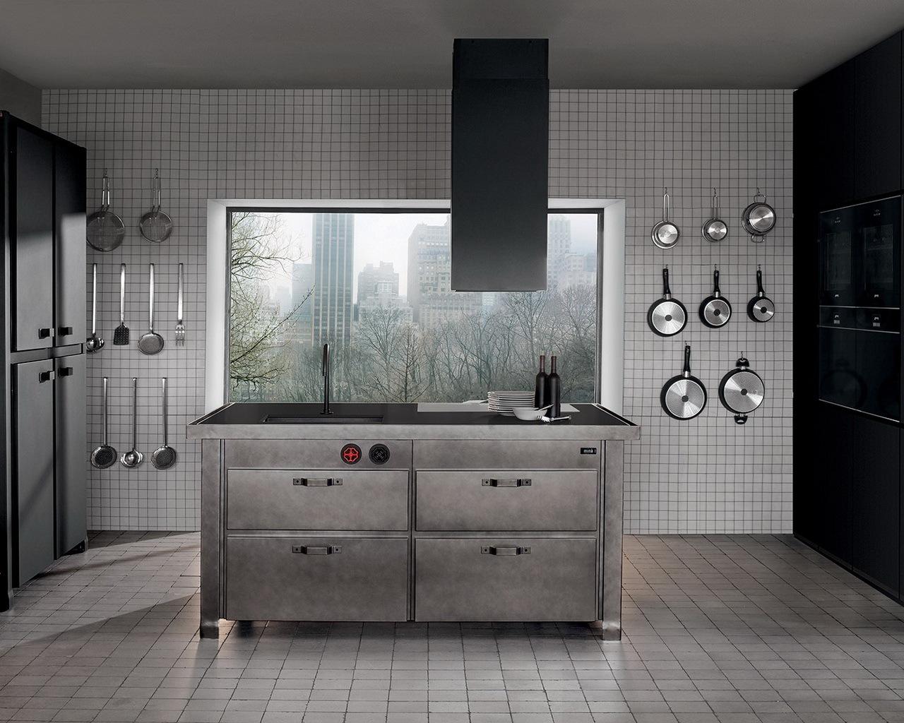 Metal kitchen with island in a industrial style with handles Minacciolo Mina