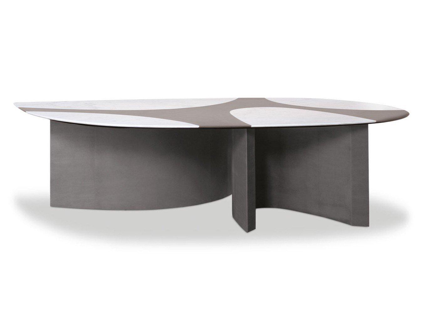 Oval marble table with base covered in leather | Ronchamp by Baxter