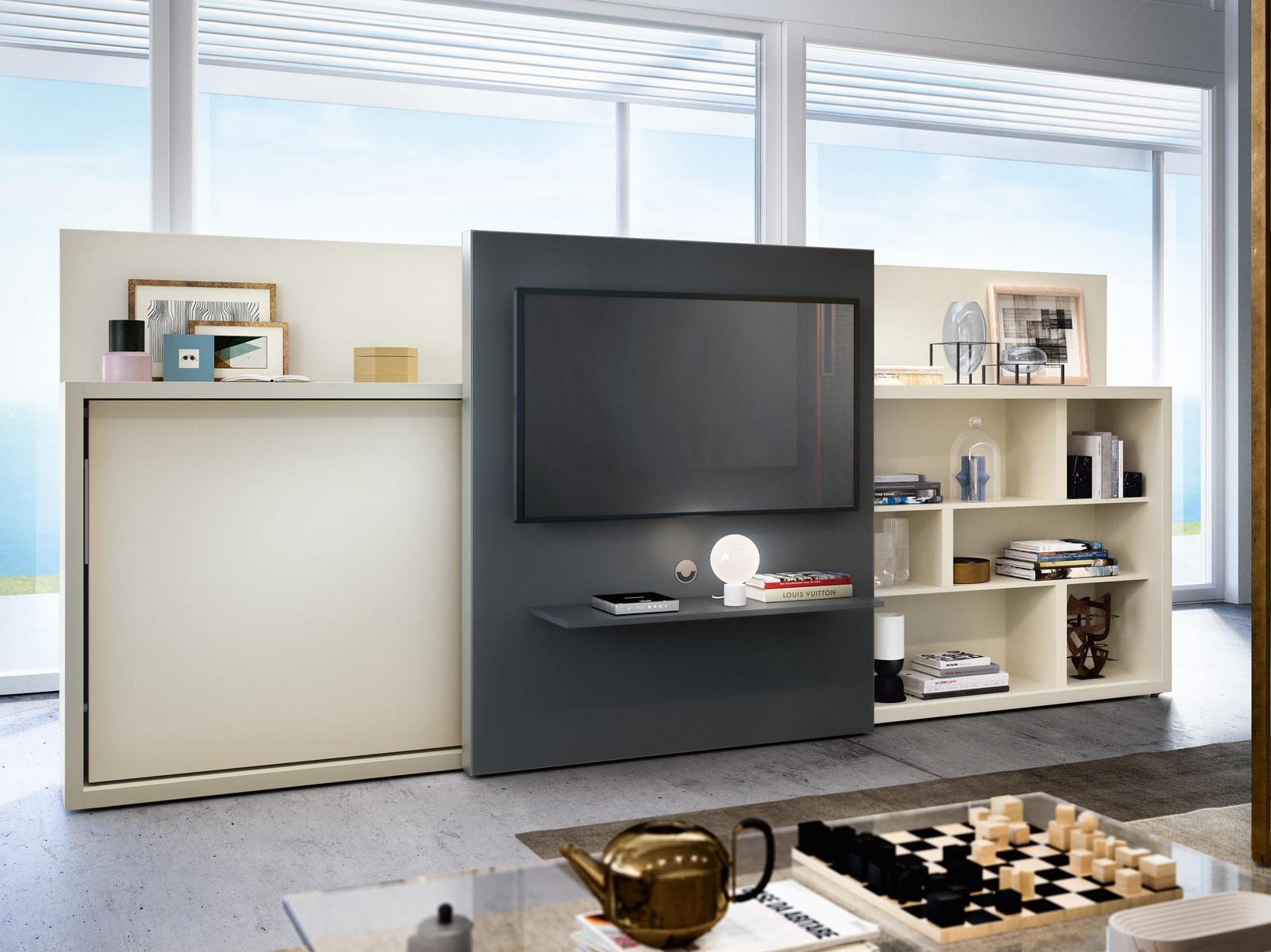 Freestanding wooden storage wall with fold-away bed | Poppi Theatre by CLEI