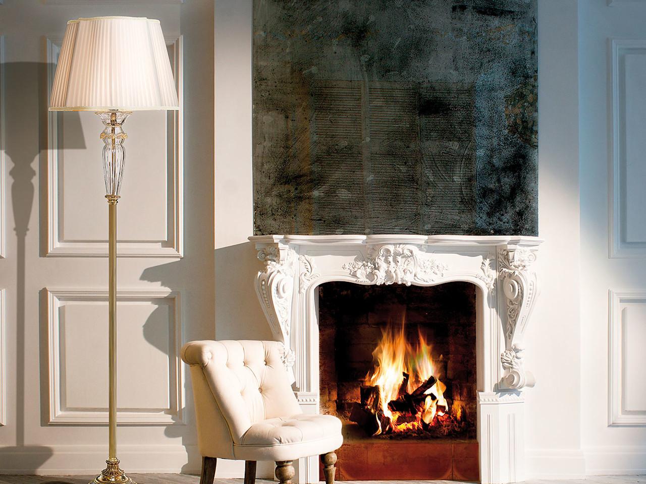 Shaded gold plated floor lamp with glass and silk shade | Charlotte 4795/p by Possoni Illuminazione