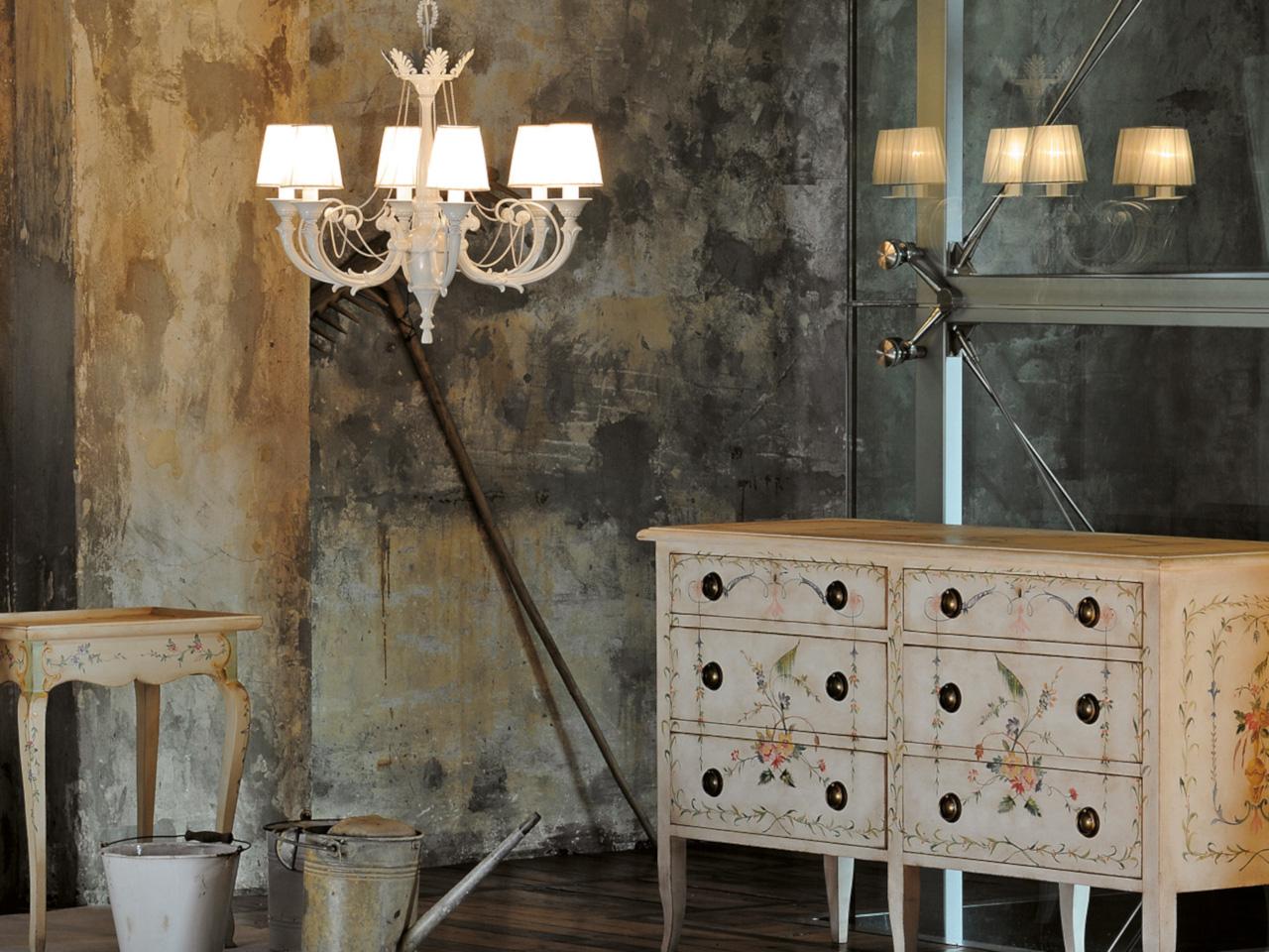 White lacquered chandelier with shades | Ginevra 859/6 by Possoni Illuminazione