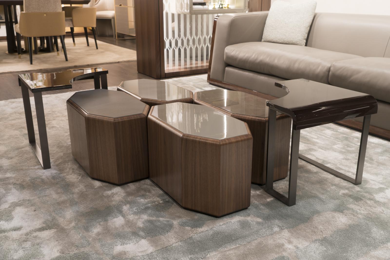 Modular octagonal walnut coffee table | Esedra Set by Bruno Zampa