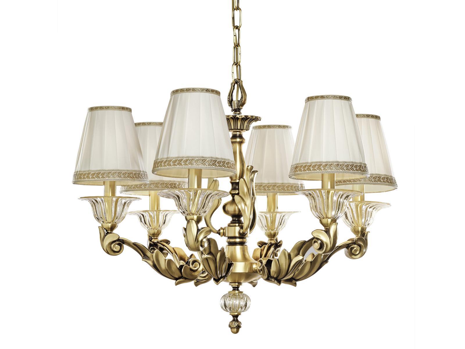 Satin brass chandelier with crystal and shades | Lucilla 551/6 by Possoni Illuminazione