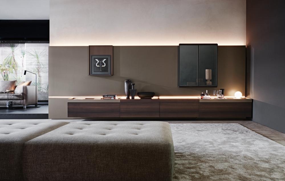 Sectional wooden storage wall with integrated lighting | Grid by Molteni