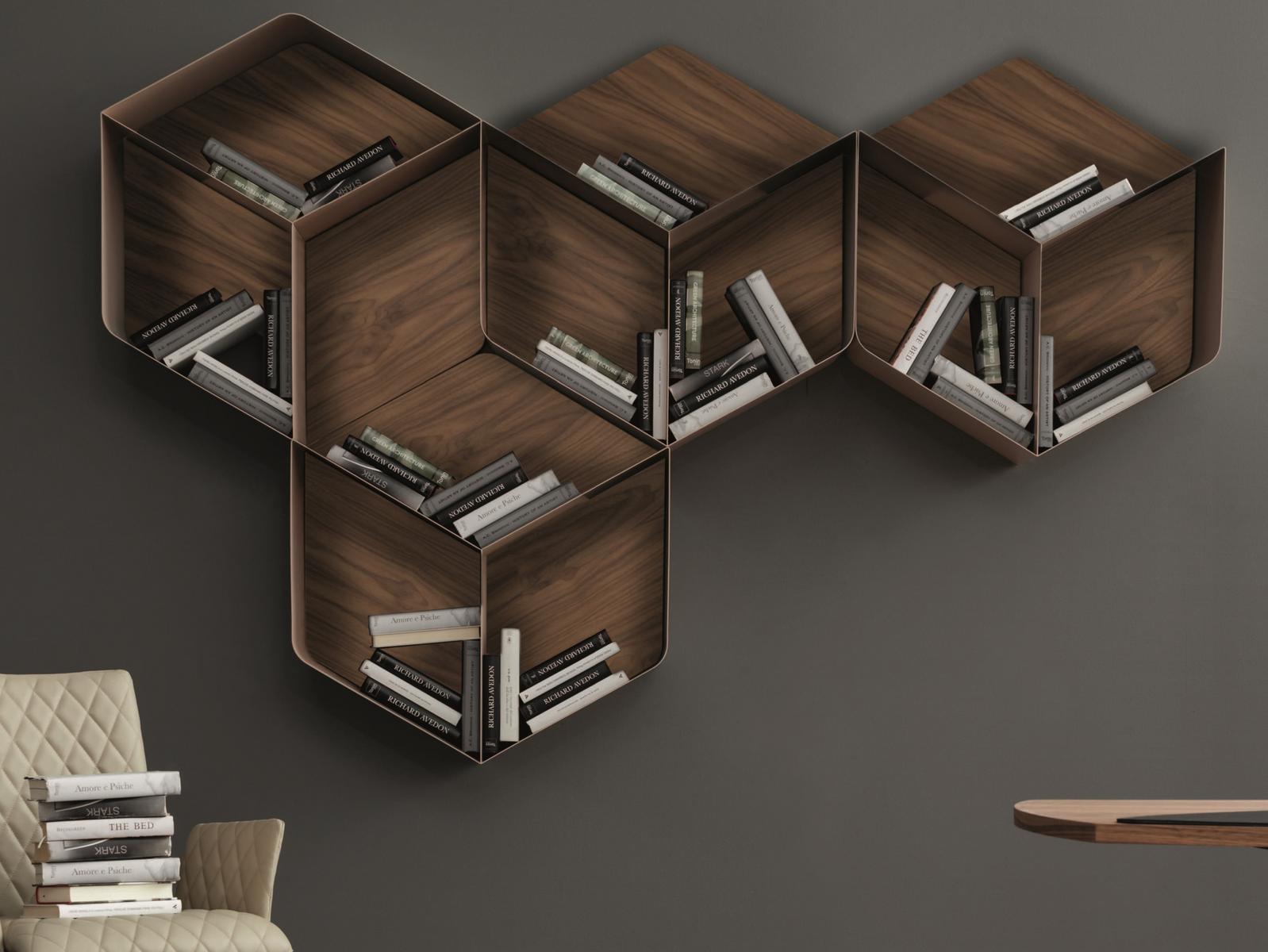 Modular floating walnut bookcase | Pangea by Tonin Casa