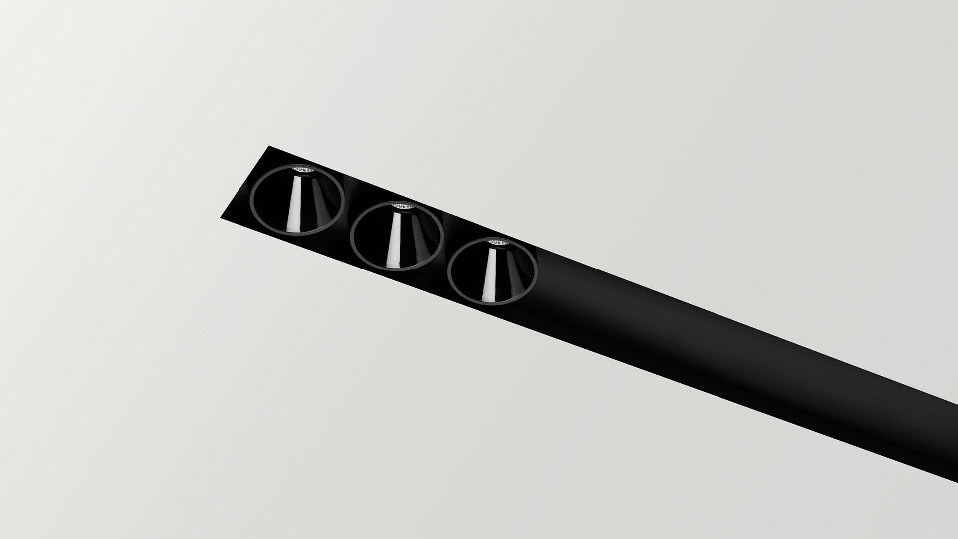 Ceiling mounted aluminium linear lighting profile for downlights | Black Foster Asymmetric Custom by Arkoslight