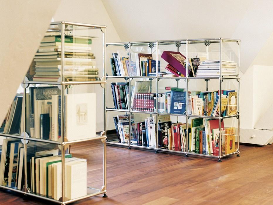 Sectional glass and steel bookcase | Haller Glas Shelving And Showcases by USM