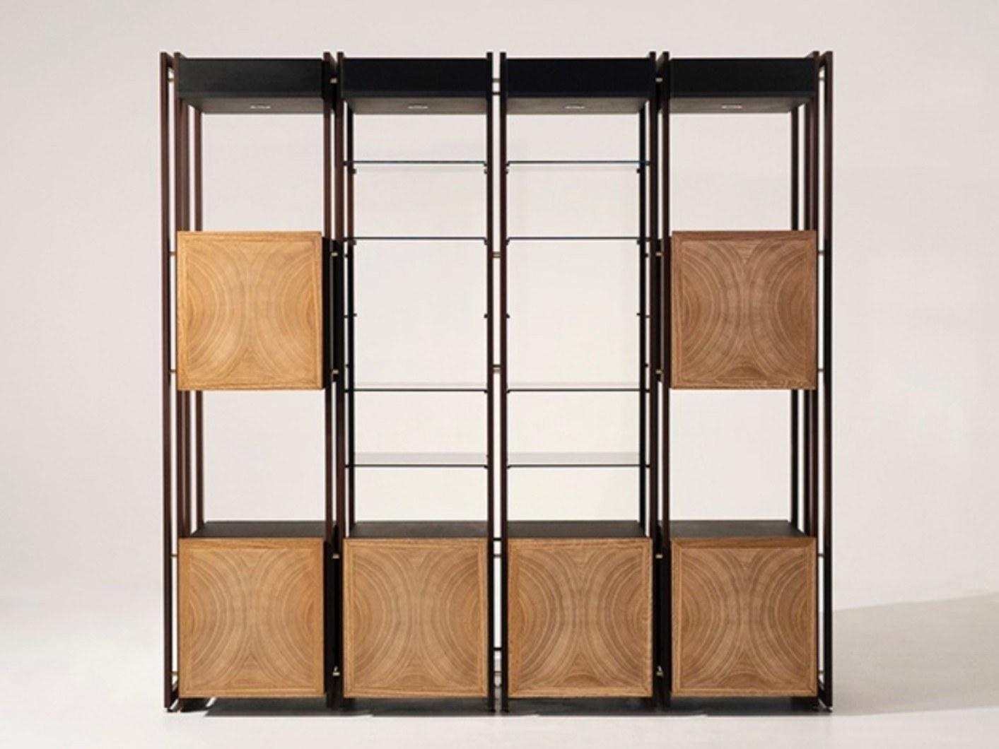 Open wood veneer and iron bookcase with drawers | Tury by Mantellassi 1926