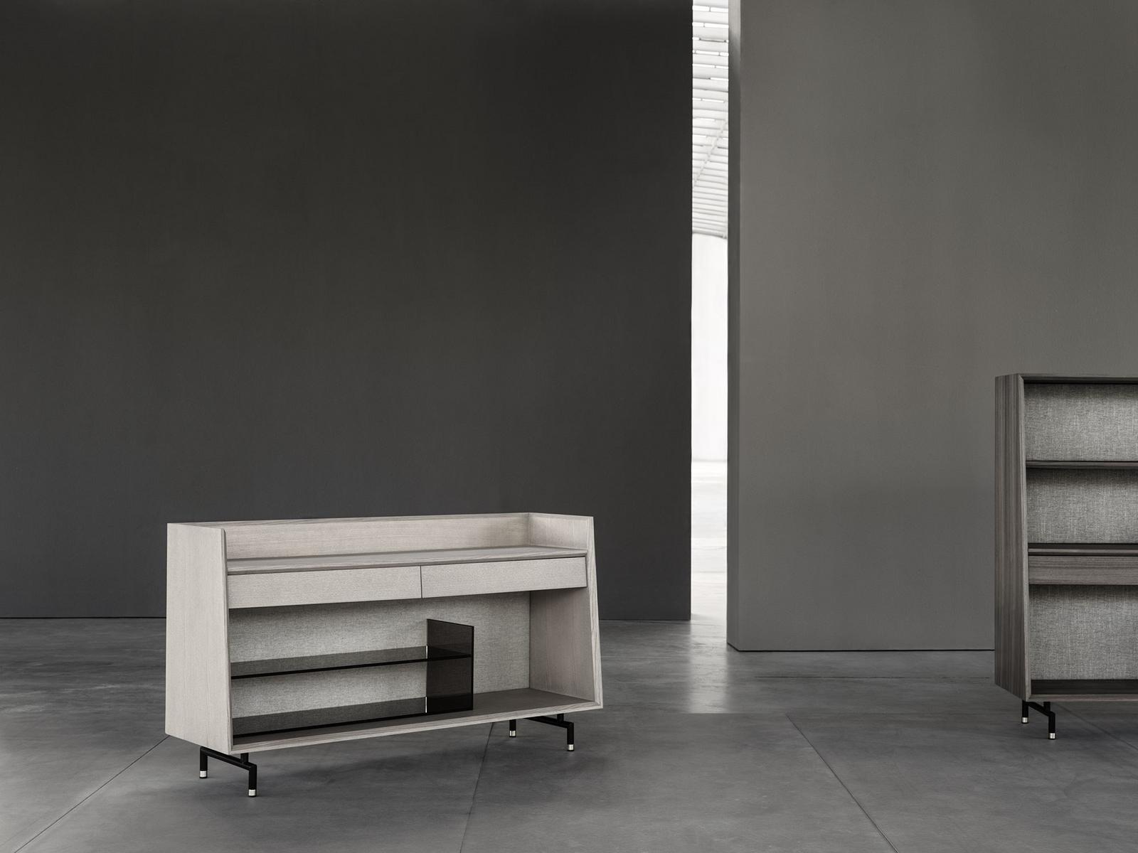 Freestanding walnut and fabric bookcase with drawers | Analog by Frigerio