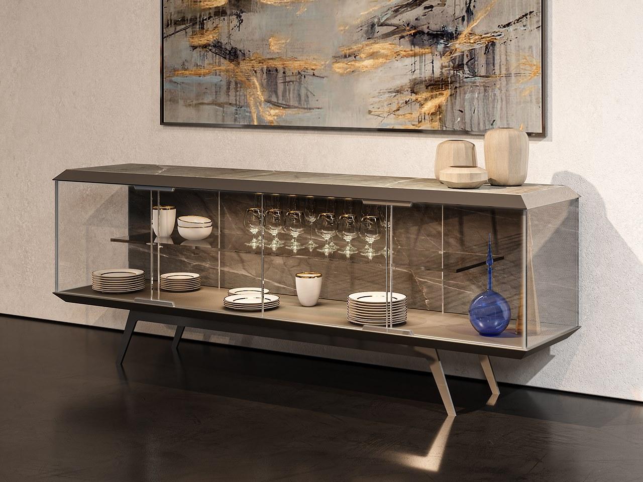 Glass sideboard with doors with integrated lighting | London by Reflex