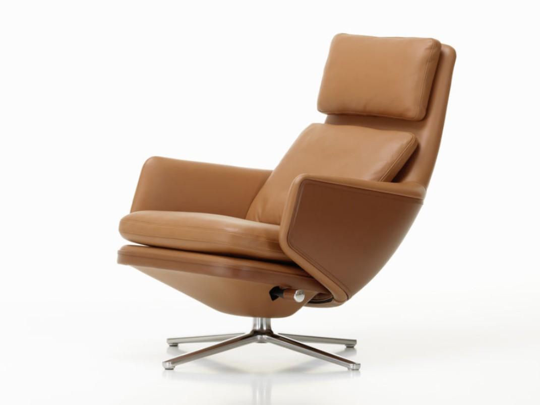 Recliner leather armchair with 4-spoke base with headrest | Grand Relax by Vitra