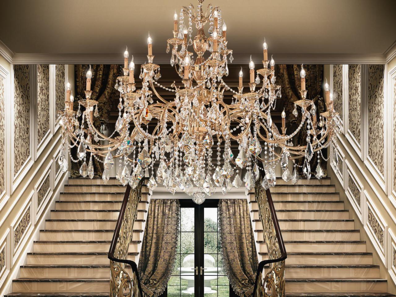 French Gold chandelier with Schoeler crystals | Windsor 888/28d2-sh/p by Possoni Illuminazione