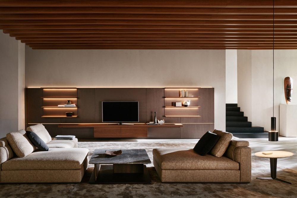 Sectional wooden storage wall with integrated lighting | Grid by Molteni