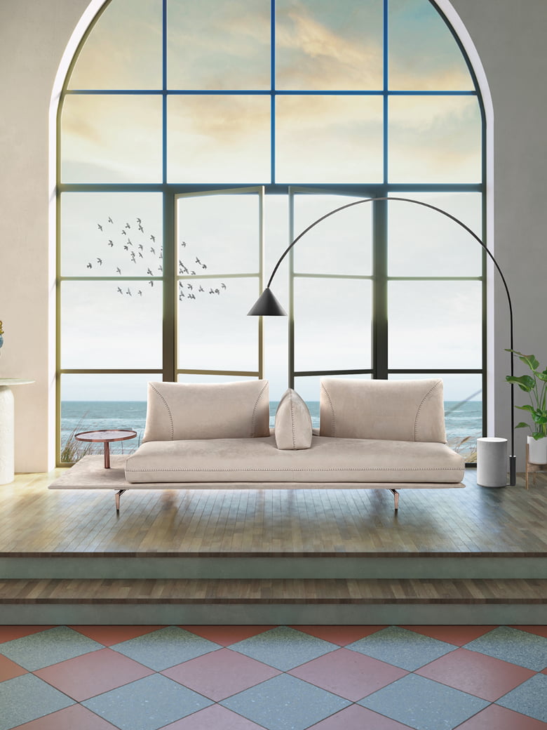 A versatile sofa offering adjustable backrests for multiple seating positions, elegant design stitching, and optional integrated table surfaces, elevated by stylish metal feet. | Gianduiotto by Calia Italia