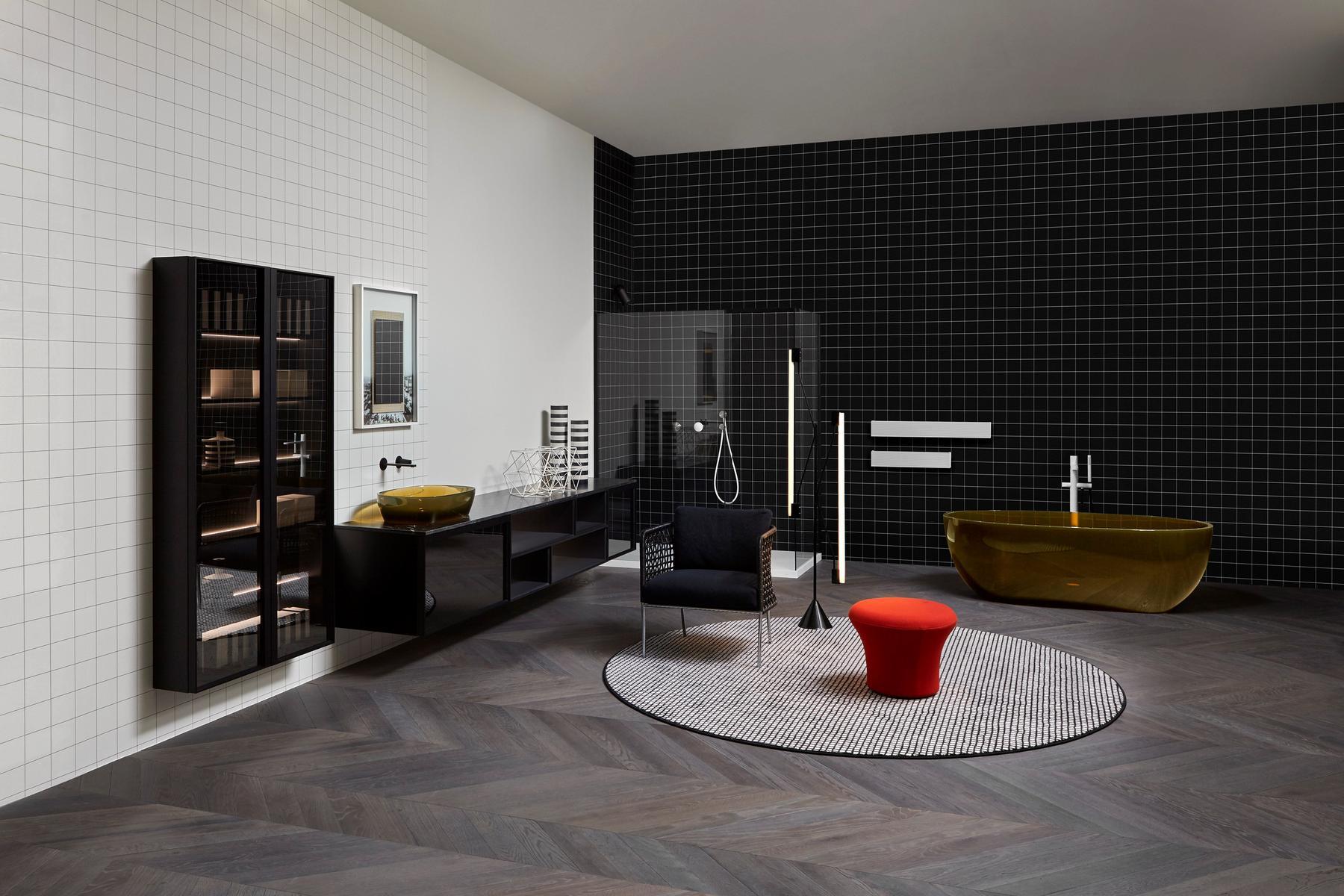 Suspended wood and glass bathroom cabinet with doors | Bemade by Antonio Lupi