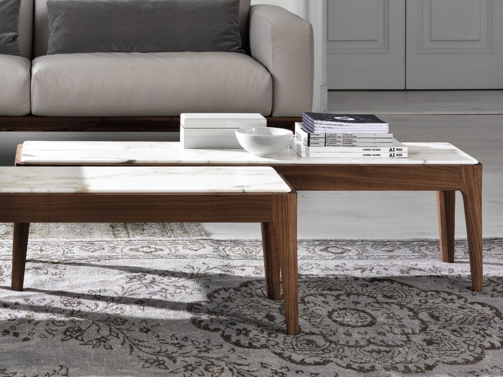 Rectangular walnut coffee table and marble top | Ziggy by Porada