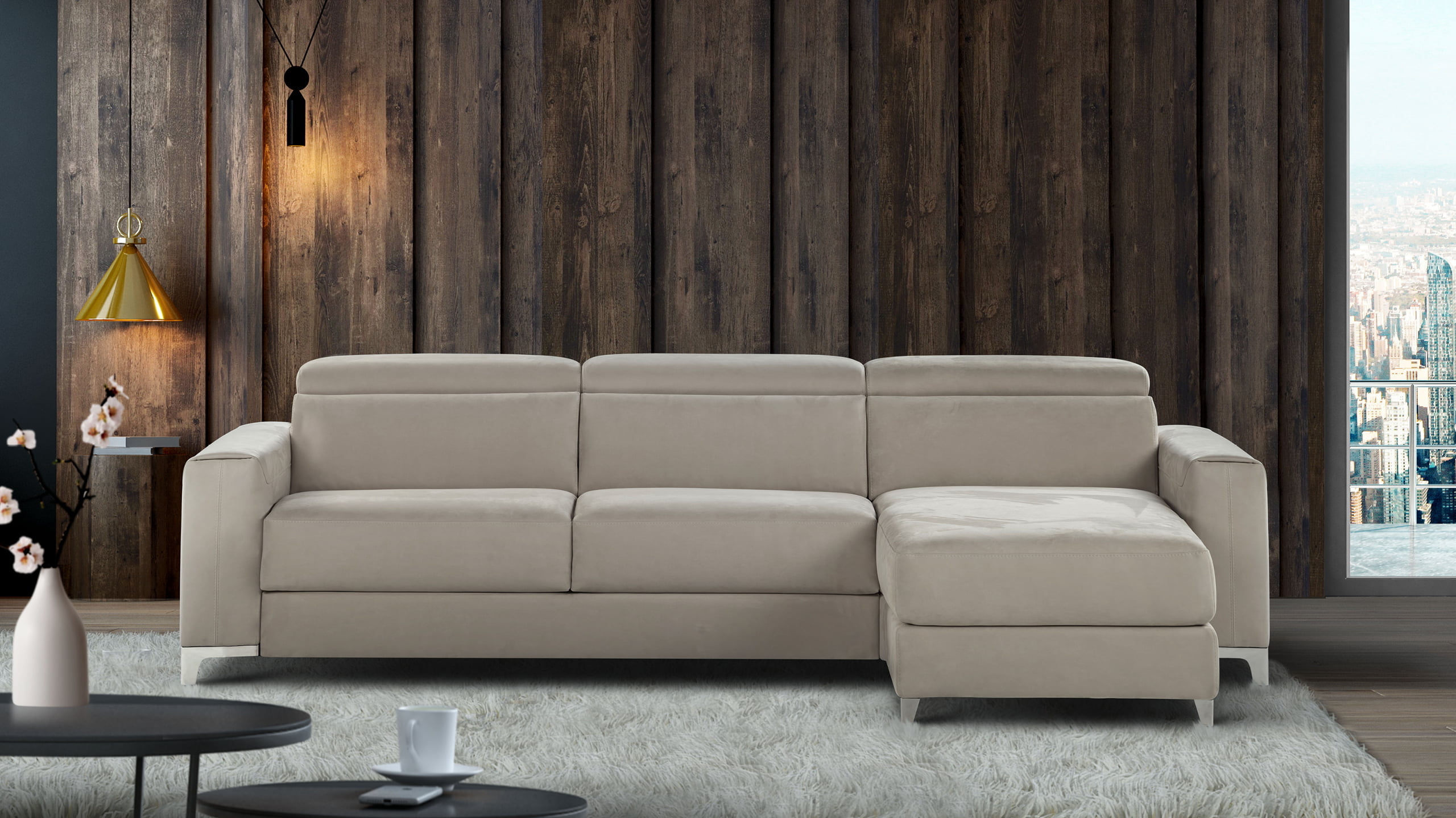 Modular sofa with customizable armrests, combines a bed, recliner, and chaise-longue for versatile living and relaxation, in a minimalist design that suits any decor. | Eclettico by Calia Italia