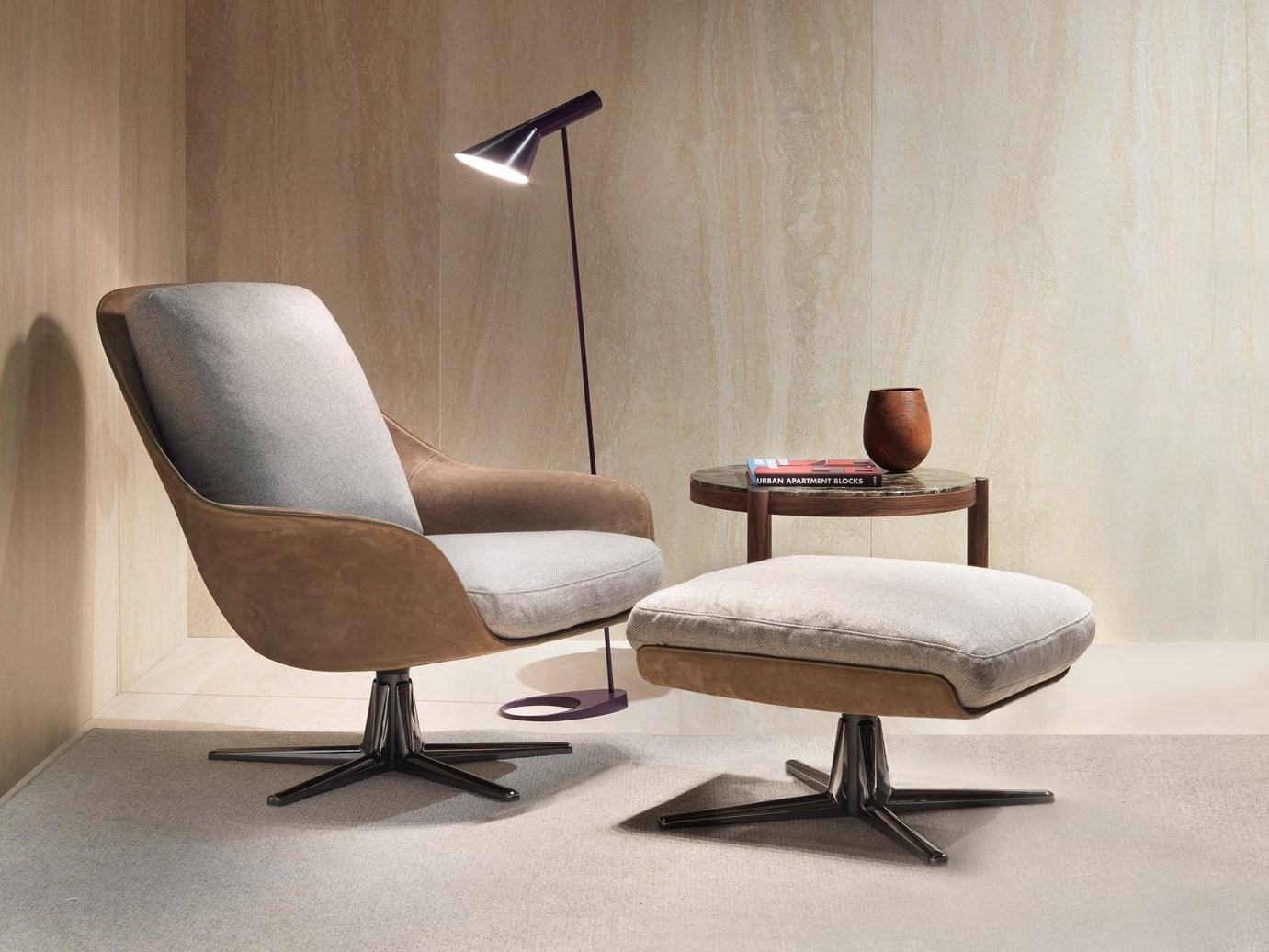 Swivel leather armchair with 5-spoke base with armrests | Sveva by Flexform