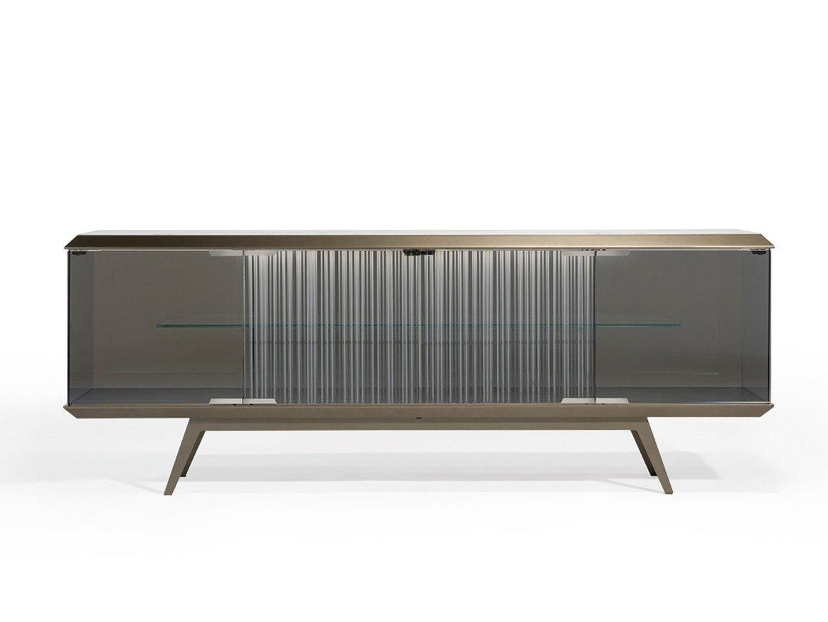 Glass sideboard with doors with integrated lighting | London by Reflex