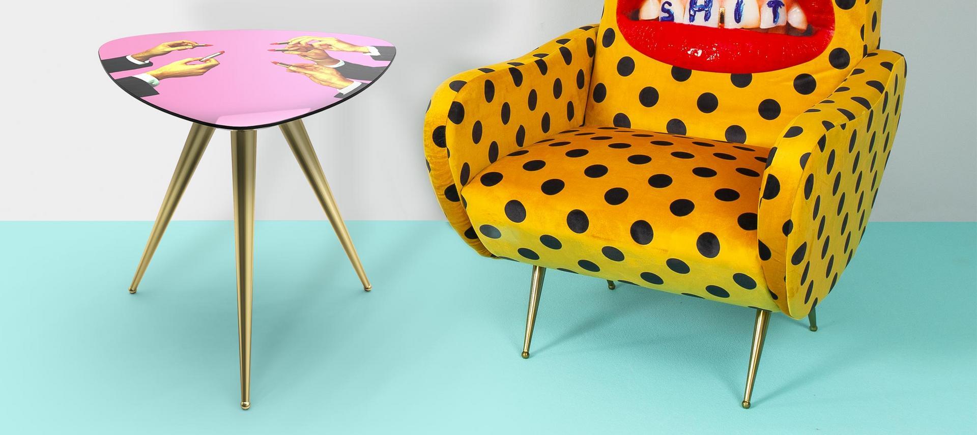 Triangular coffee table with MDF top and metal legs | Pink Lipsticks by Seletti
