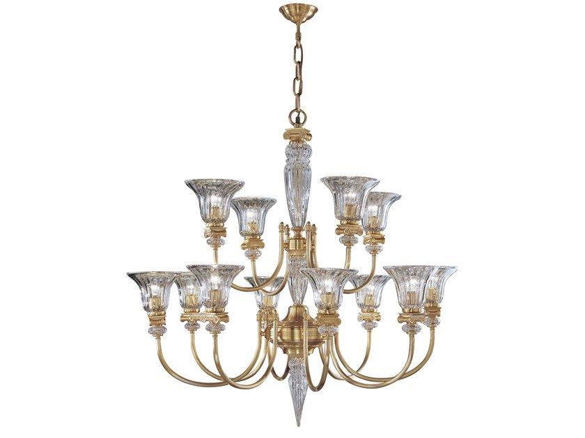 Satin gold plated finish chandelier with crystal | Natascia 27077/8+4 by Possoni Illuminazione