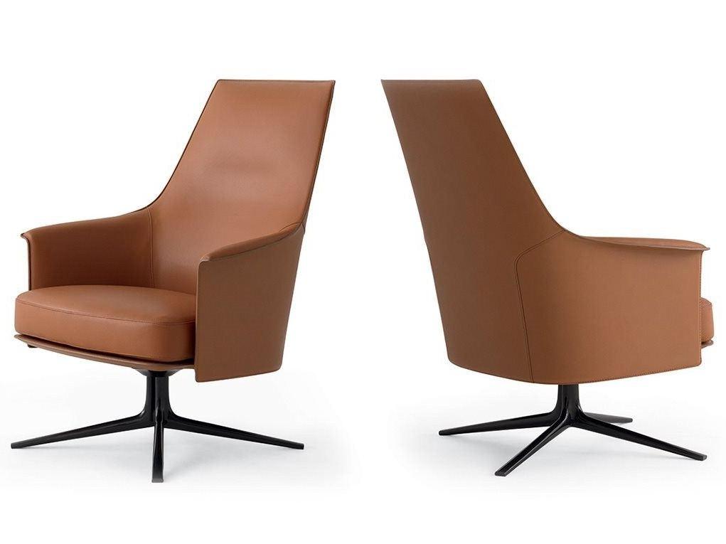 Swivel leather armchair with 4-spoke base with armrests | Stanford Lounge by Poliform