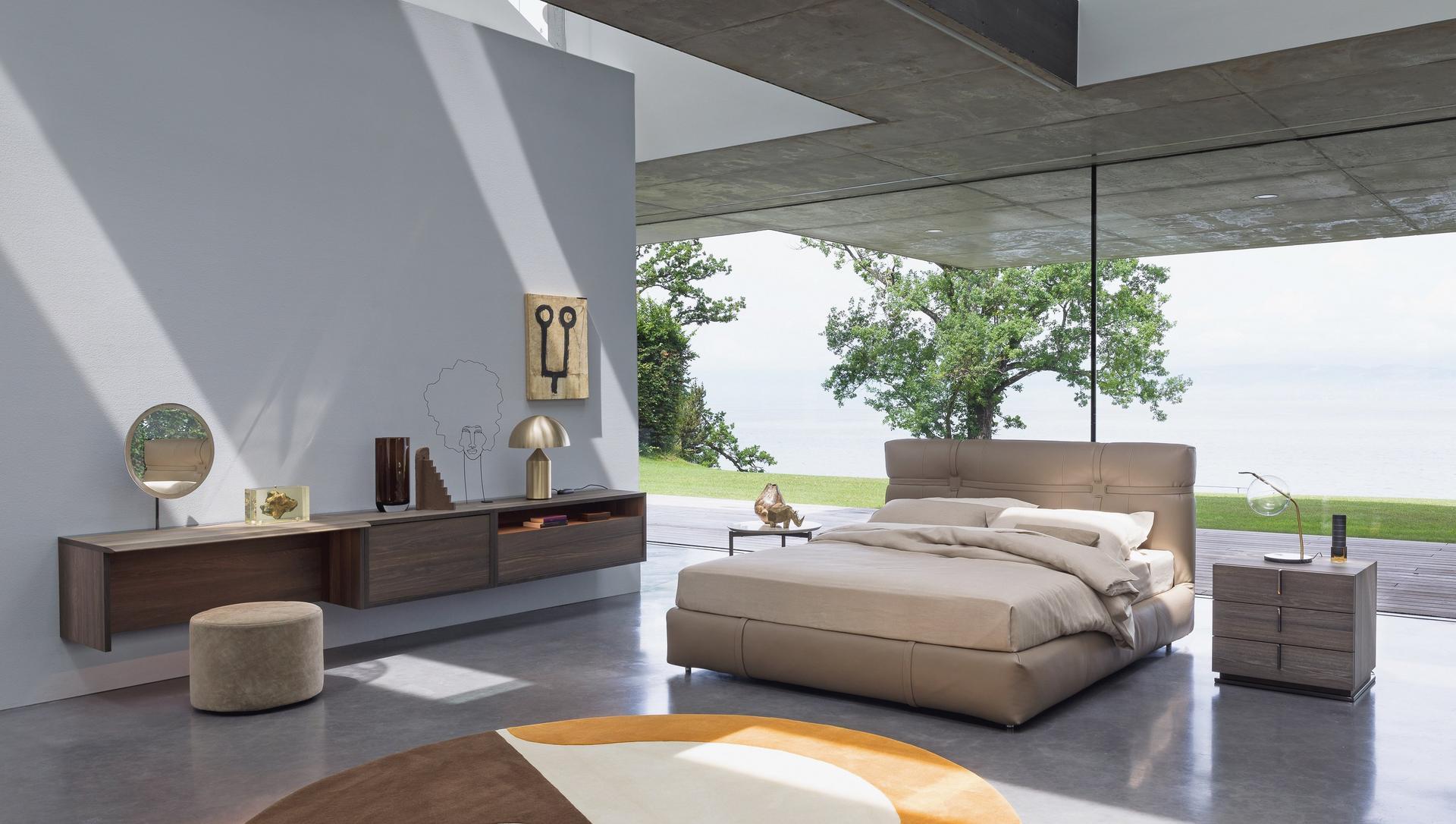 Upholstered leather double bed | New Bond by Flou