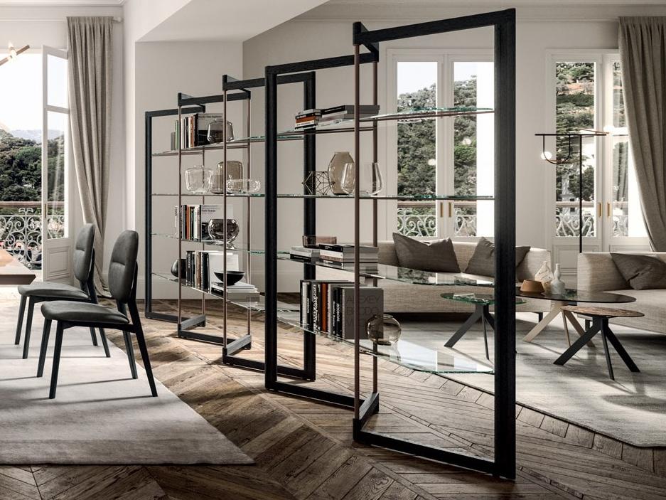 Self-supporting double-sided shelf in glass and wood | Panto by Ozzio Italia