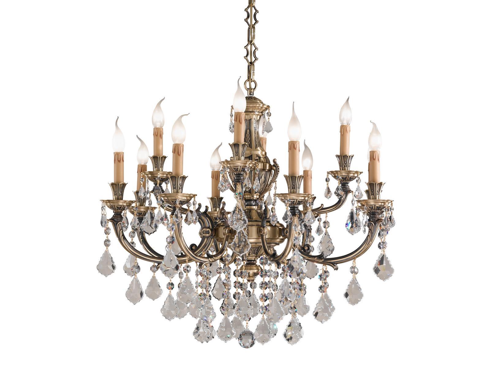 Antique Brass chandelier with Schoeler crystals | Windsor 888/8+4-sh/p by Possoni Illuminazione