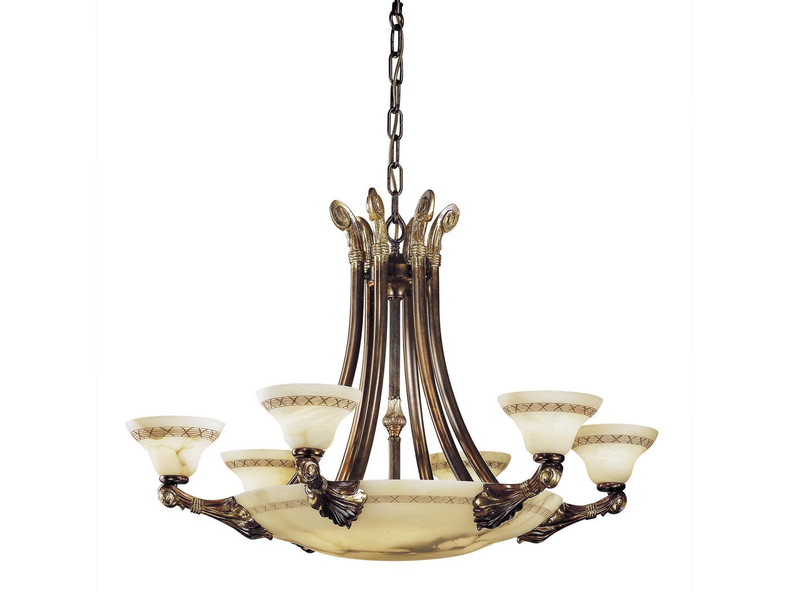 Rust/gold leaf chandelier with alabaster | Sasha 2900/6+6 by Possoni Illuminazione