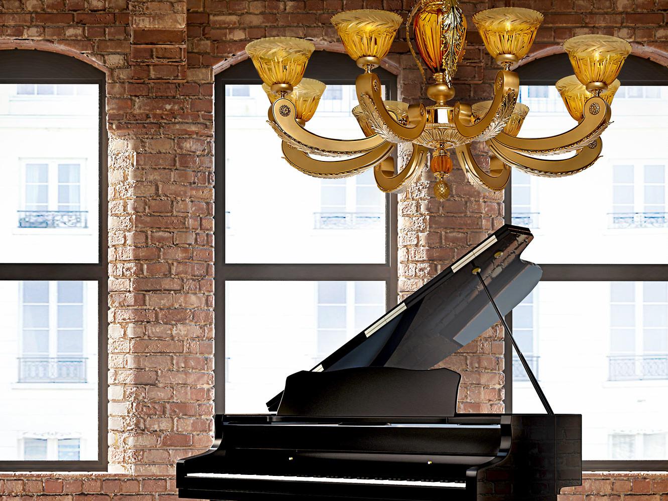 Sanded gold plated chandelier with amber crystal | Eden 265/8 by Possoni Illuminazione