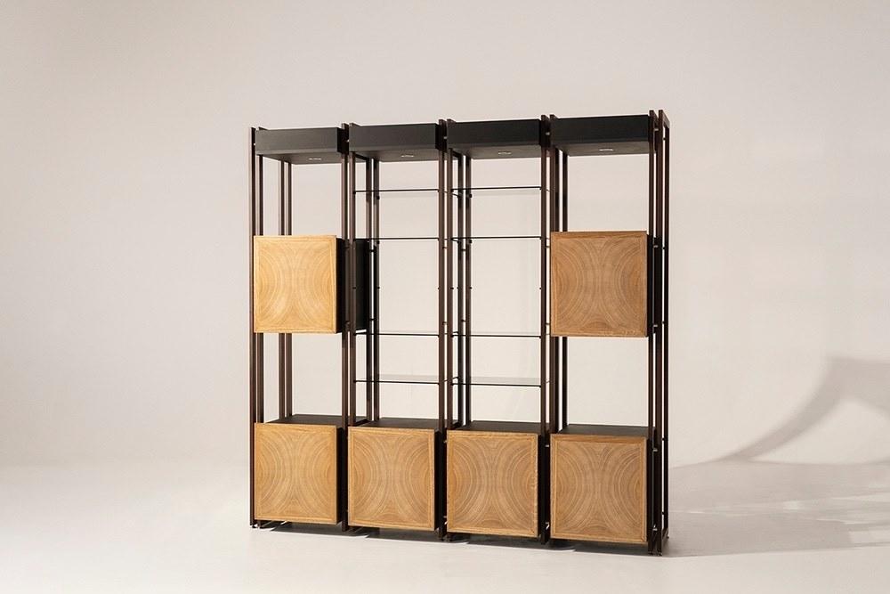 Open wood veneer and iron bookcase with drawers | Tury by Mantellassi 1926