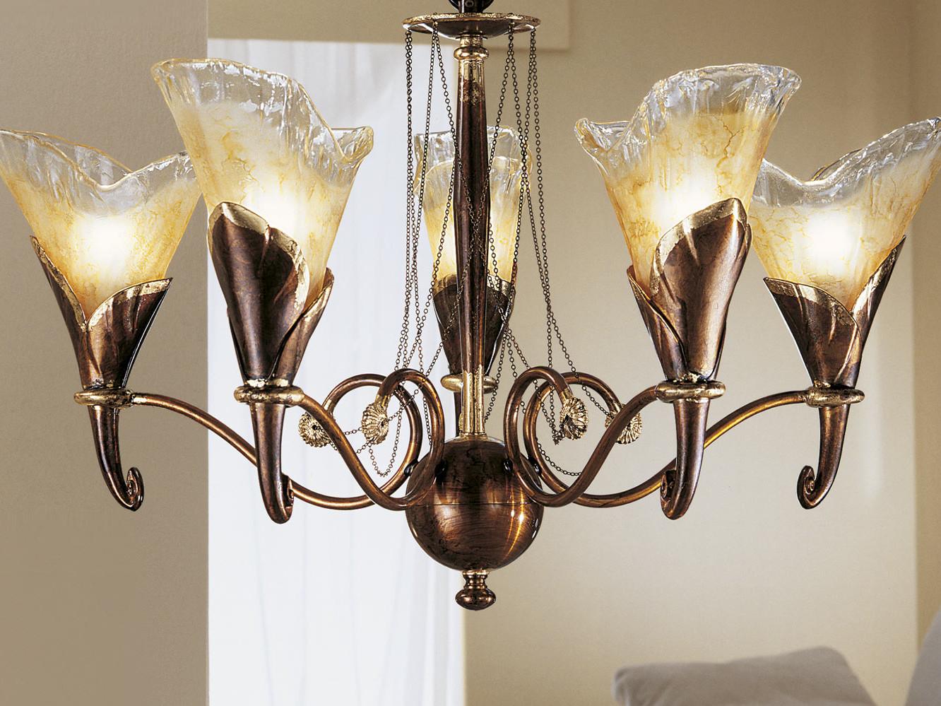 Rust/gold leaf chandelier with amber glass | Creamy 315/5 by Possoni Illuminazione