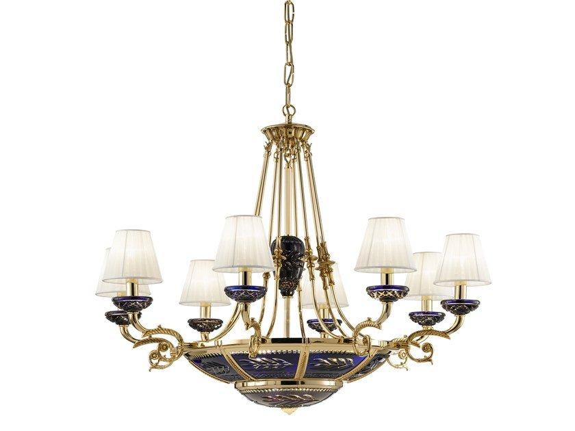 Shaded gold plated chandelier with blue crystal and shade | Michelangelo 3999/6+8 by Possoni Illuminazione