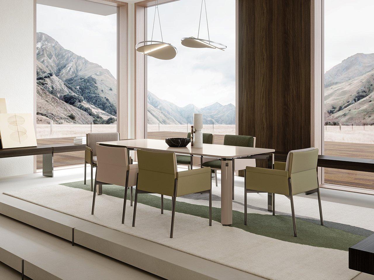 Chair with armrests covered in leather and fabric | Zenit by Turri