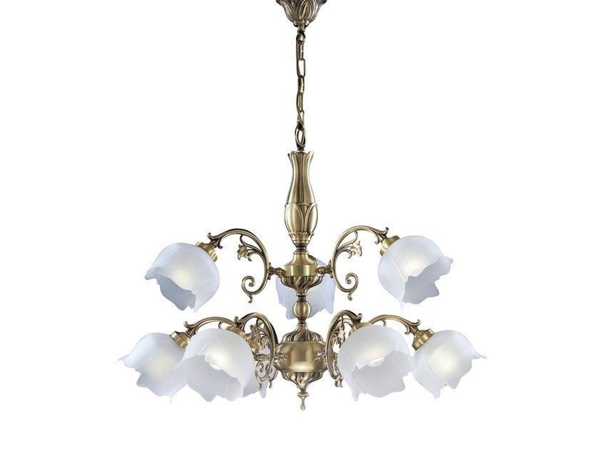 Satin brass chandelier with glass | Bianca 25/6+3 by Possoni Illuminazione