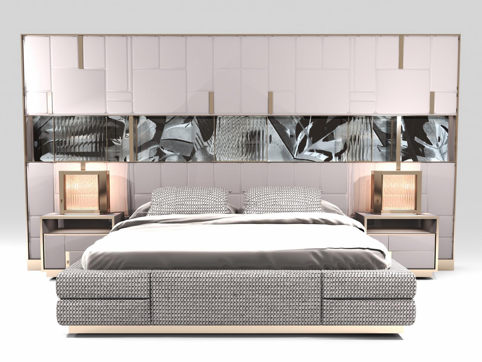 Glass and steel bed with upholstered headboard | Beloved Art by Visionnair