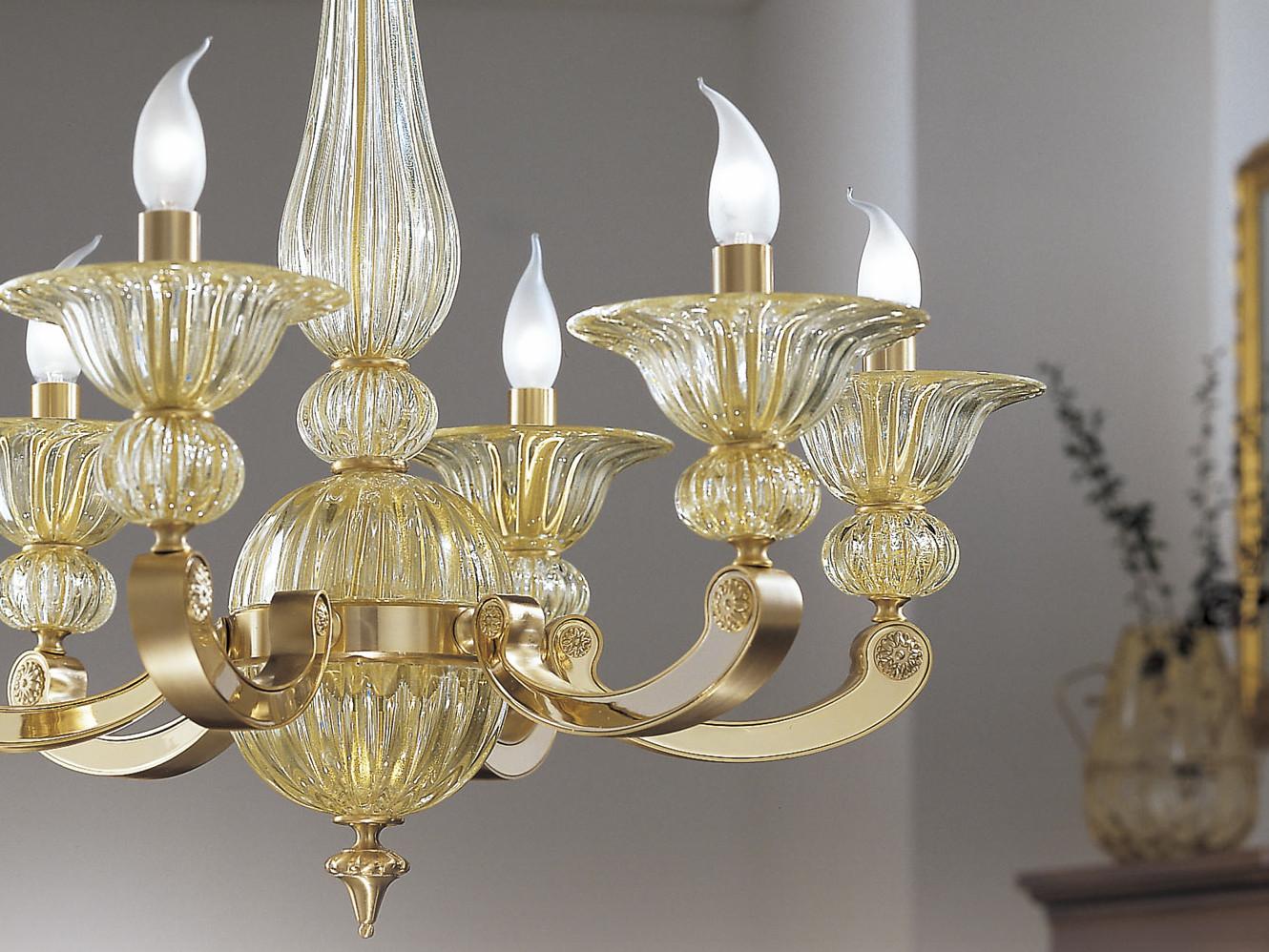 Gold/satin gold plated chandelier with clear crystal | Amny 267/6 by Possoni Illuminazione