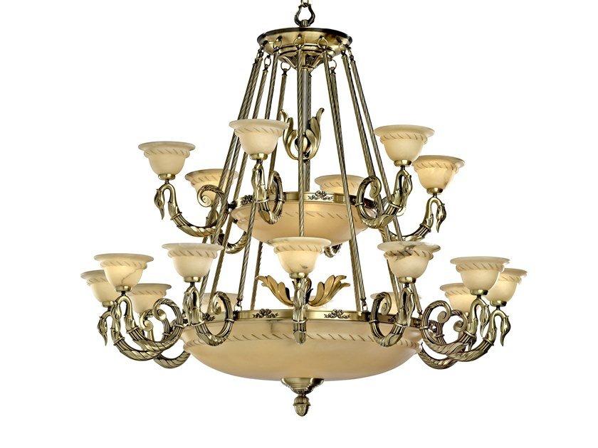 Antique Brass chandelier with alabaster | Cigno 2735/12+6+6+3 by Possoni Illuminazione