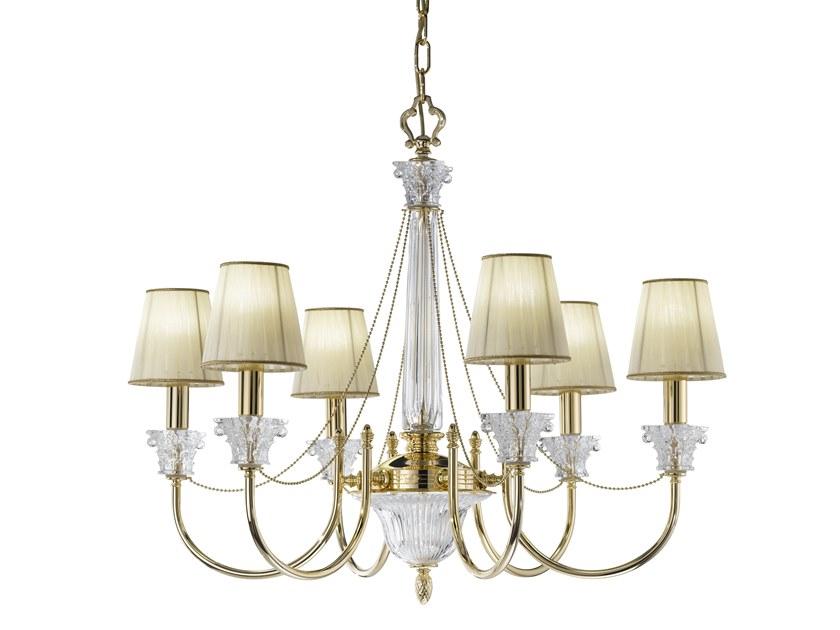 Gold plated chandelier with crystal and shade | Vicky 37089/6 by Possoni Illuminazione