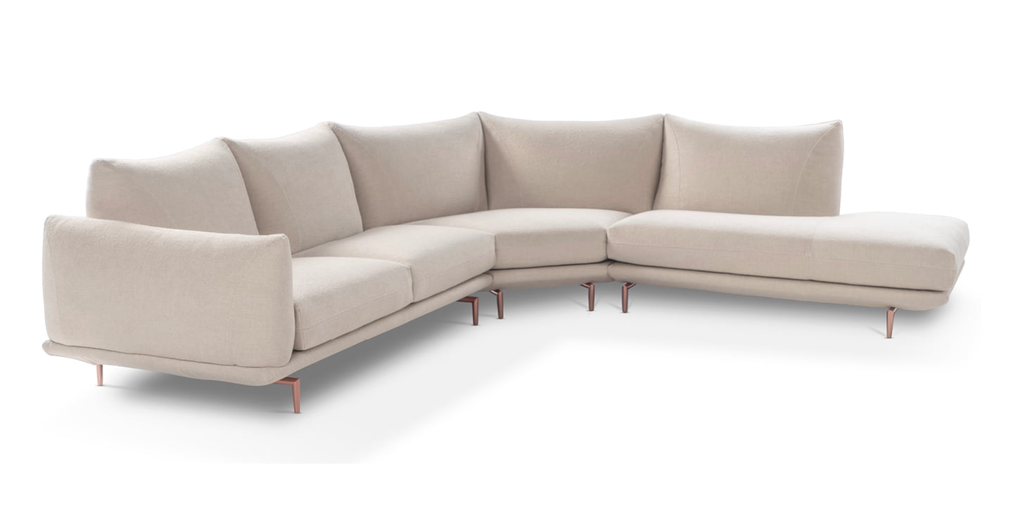 Elegant sectional with heightened backrests for superior comfort, minimal base, and decorative stitching, combining sophistication with supported relaxation. | Dragées by Calia Italia