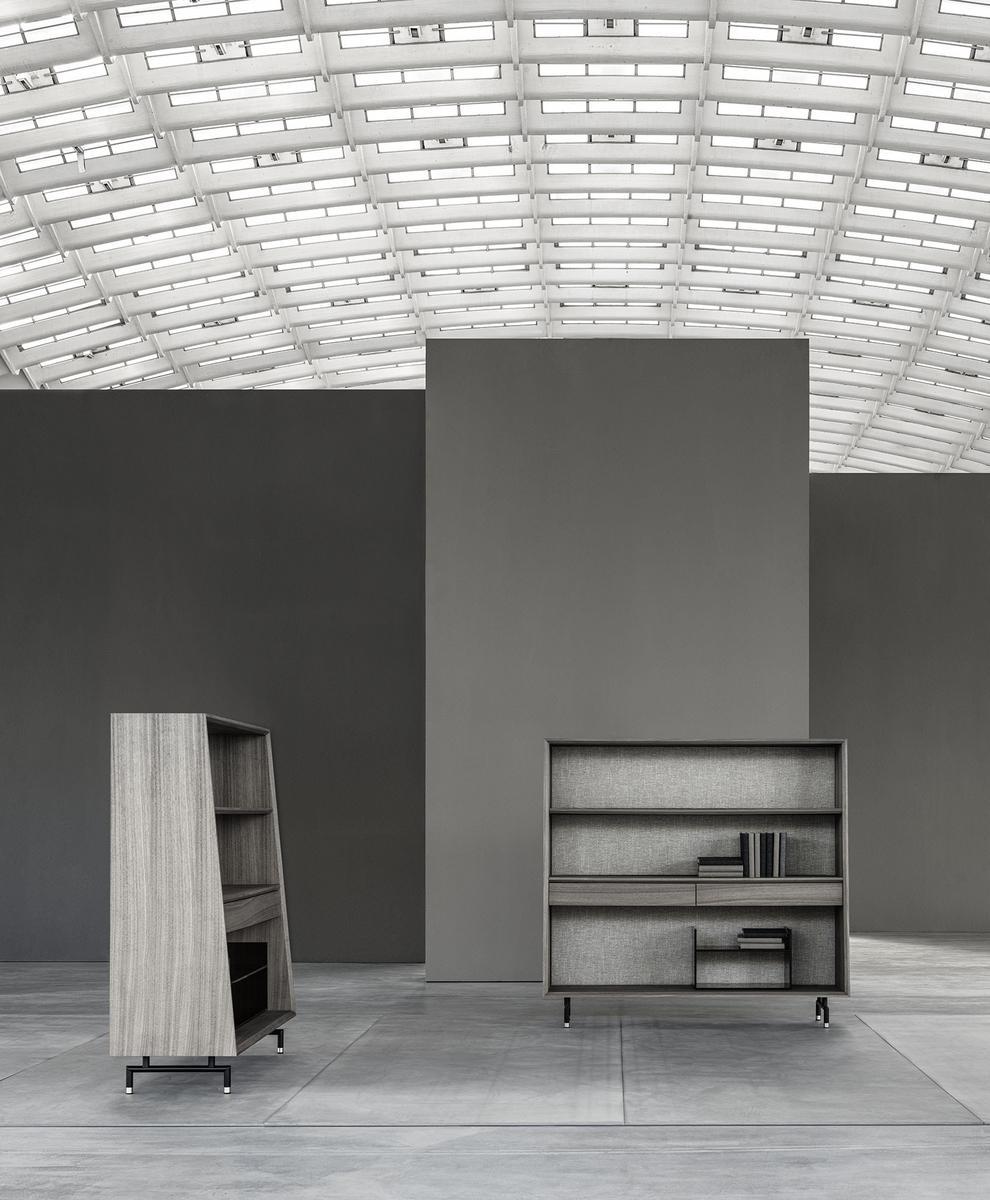 Freestanding walnut and fabric bookcase with drawers | Analog by Frigerio