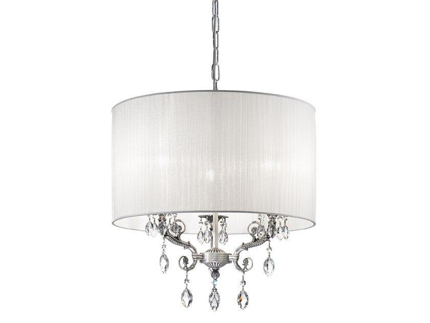 Old silver chandelier with Schoeler crystals and shade | Firefly 7117/3-sh by Possoni Illuminazione