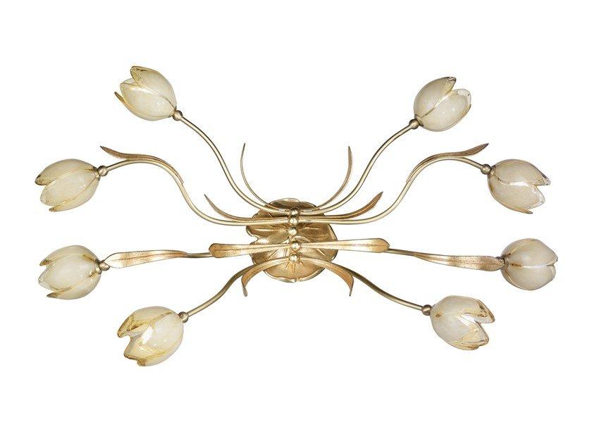 Satin french gold/gold leaf ceiling light with glass | Tulipani 319/4+4pl by Possoni Illuminazione