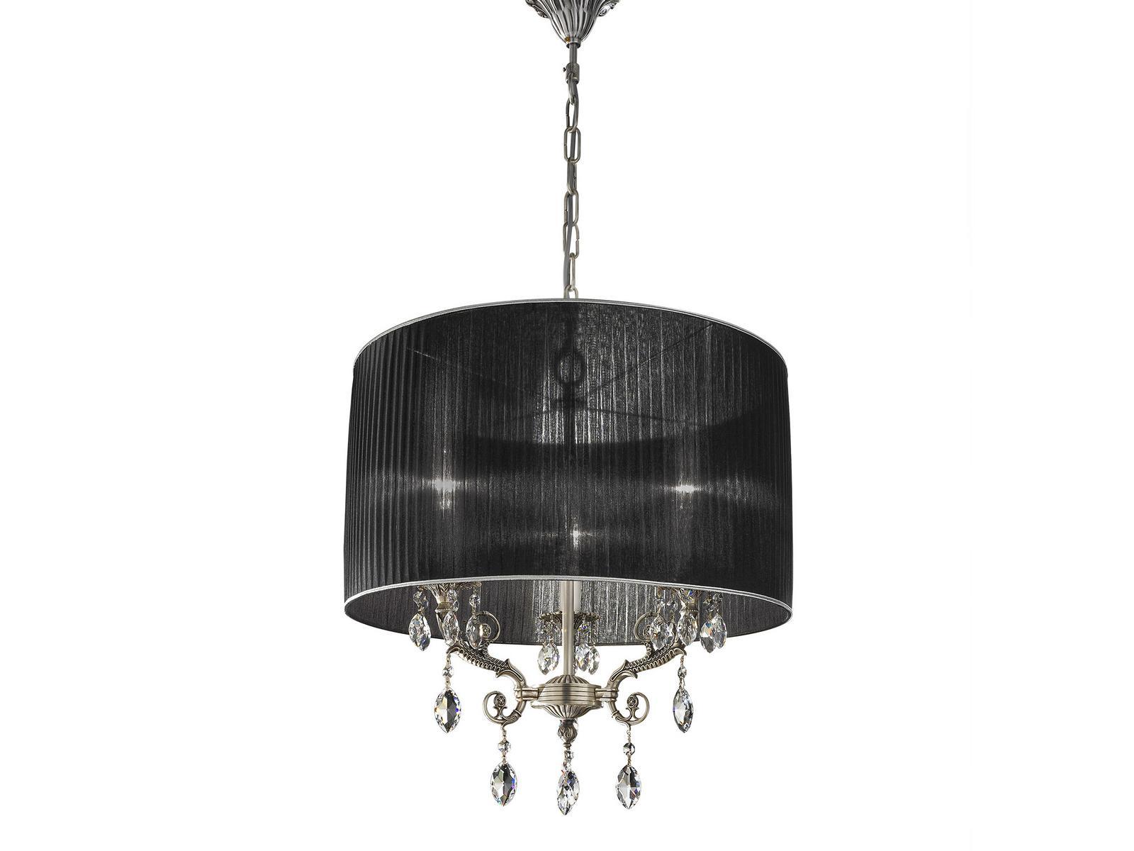 Old silver chandelier with Schoeler crystals and shade | Firefly 7117/bk/3-sh by Possoni Illuminazione