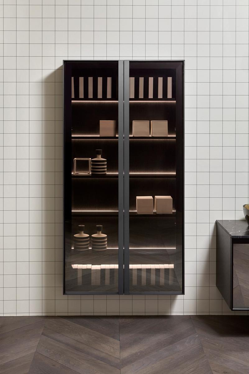 Suspended wood and glass bathroom cabinet with doors | Bemade by Antonio Lupi