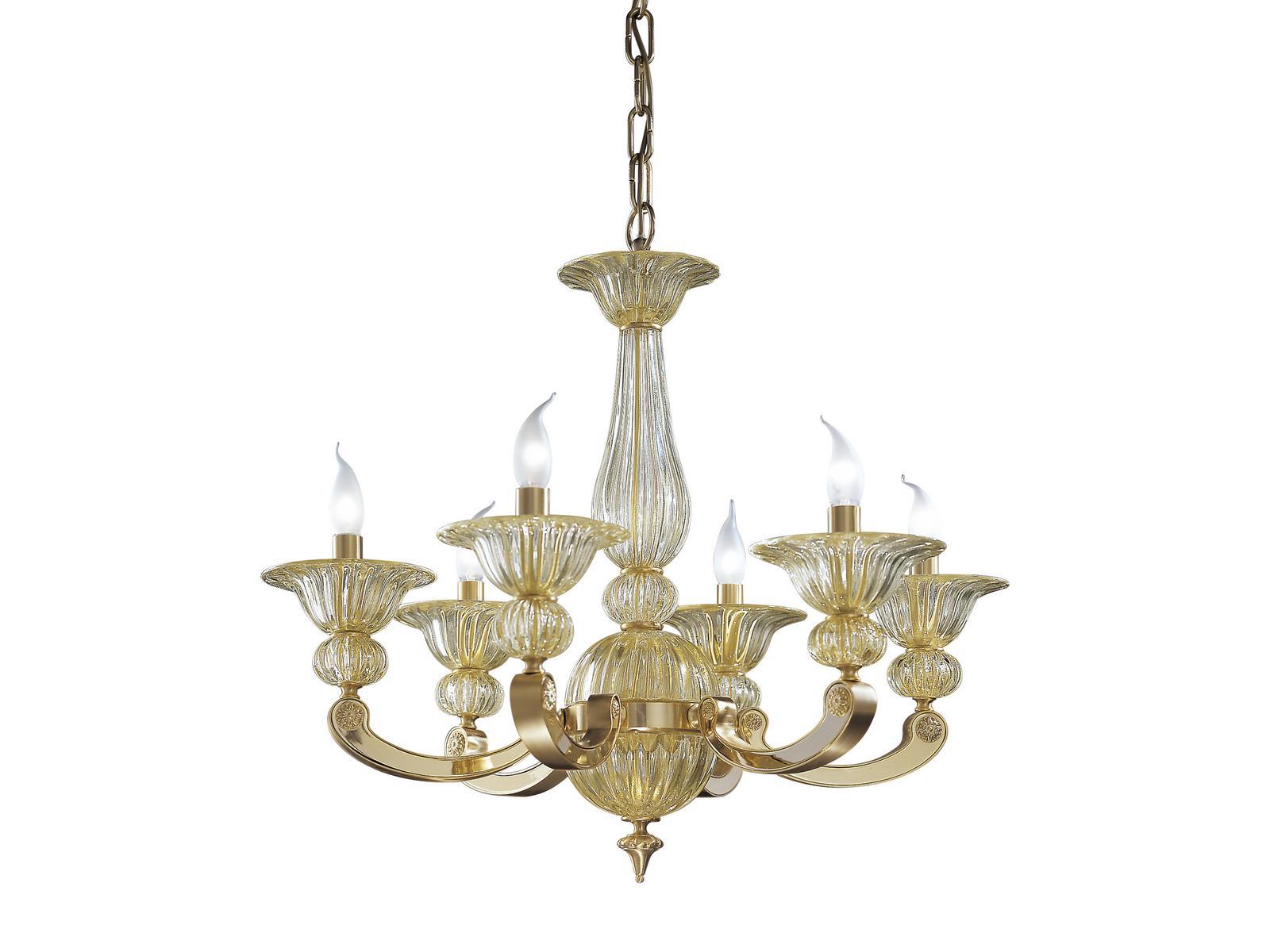 Gold/satin gold plated chandelier with clear crystal | Amny 267/6 by Possoni Illuminazione
