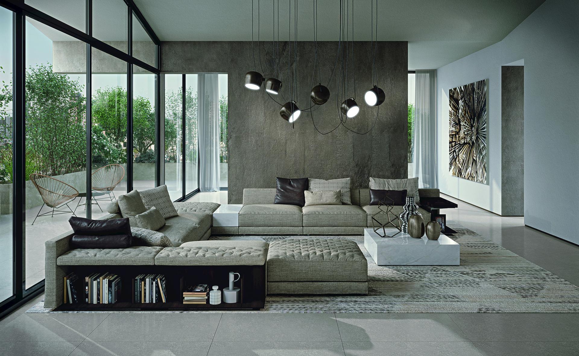 Sectional fabric sofa with integrated magazine rack | Miller by Frigerio