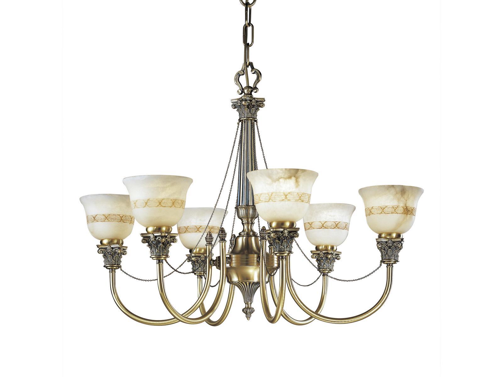 Antique Brass finish chandelier with alabaster | Mila 27089/6 by Possoni Illuminazione